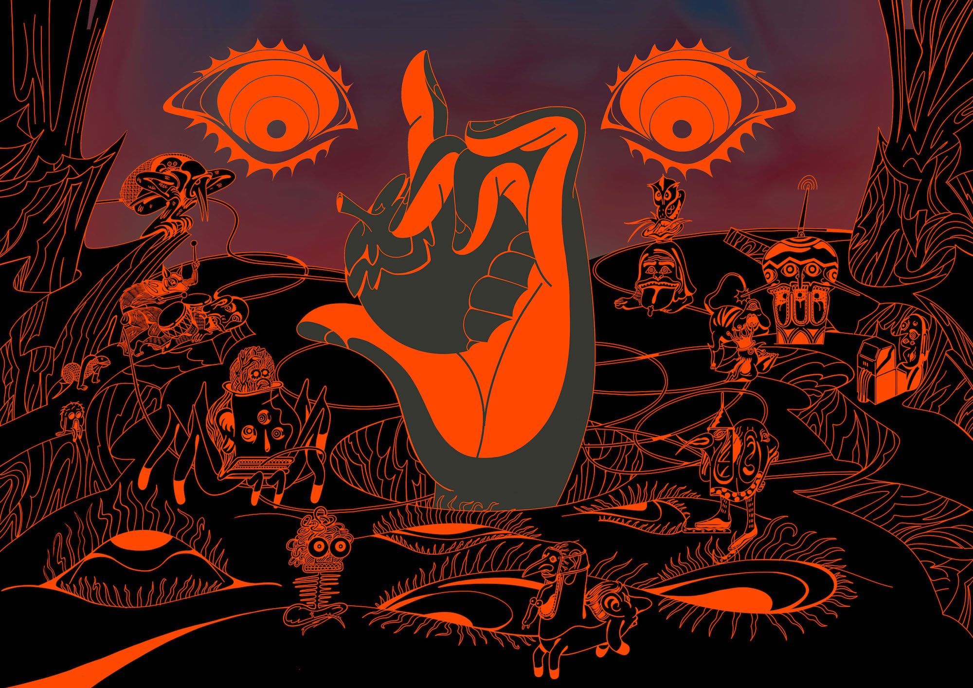 Mythological hand mudra with hypnotic eyes